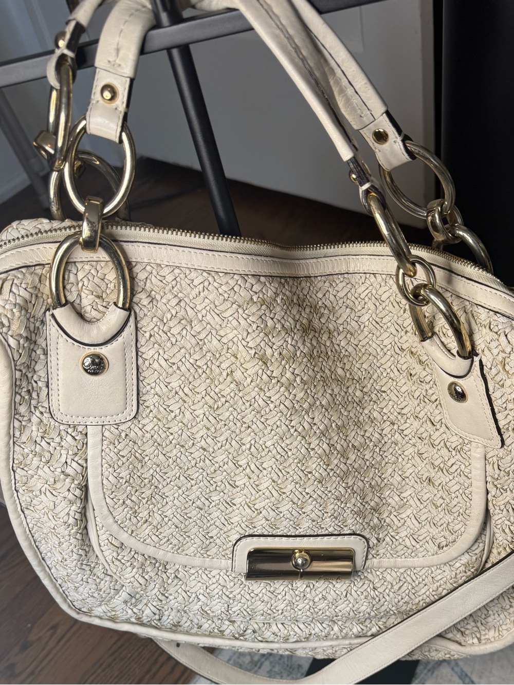 Coach Kristin Pinnacle Woven Leather Satchel Woven Leather Shoulder Bag in Ivory
